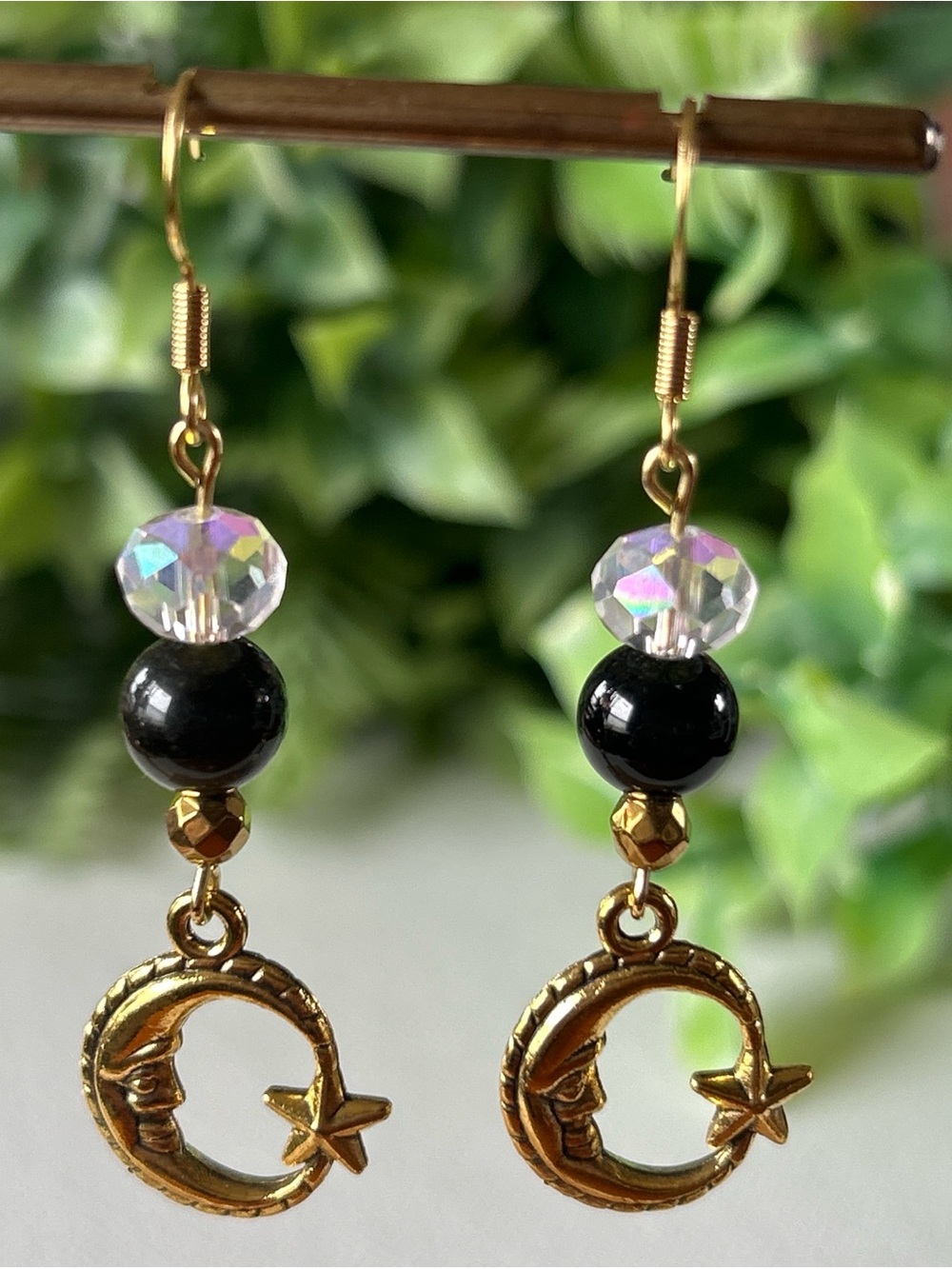 Gold Moon & Star Dangle Earrings with Black and Iridescent Beads